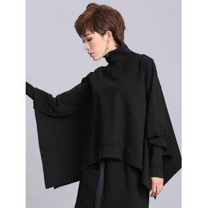 Solid Color Asymmetric High-Neck Loose Batwing Sleeve Sweatshirt