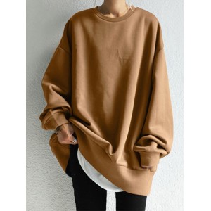 Casual Loose Solid Color Round-Neck Sweatshirt Top