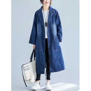 Original Lapel Long Sleeve Denim Outerwear&Trench