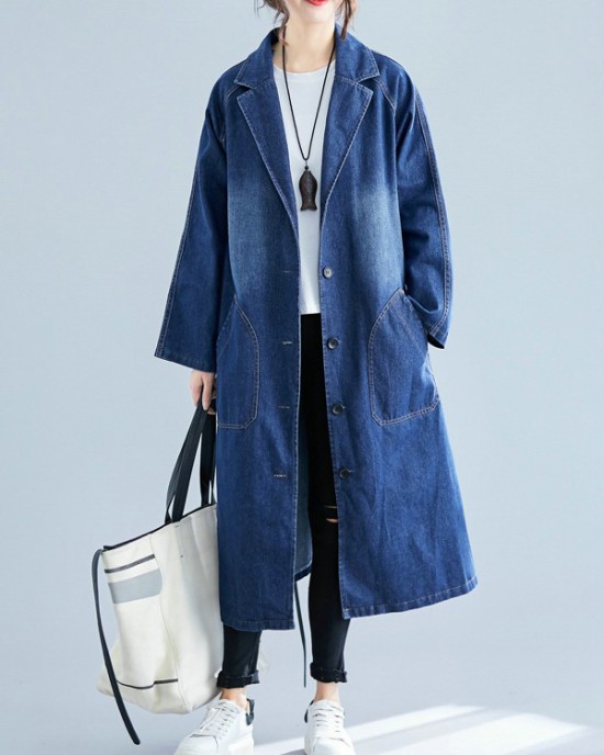 Original Lapel Long Sleeve Denim Outerwear&Trench