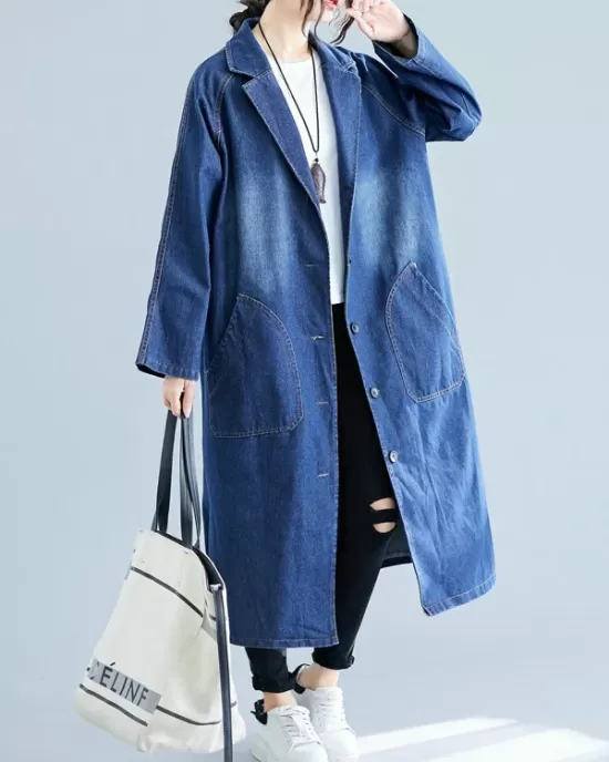 Original Lapel Long Sleeve Denim Outerwear&Trench