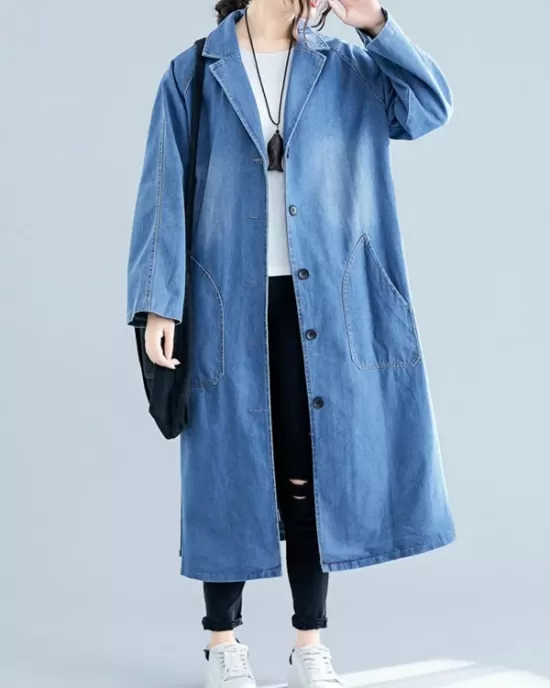 Original Lapel Long Sleeve Denim Outerwear&Trench