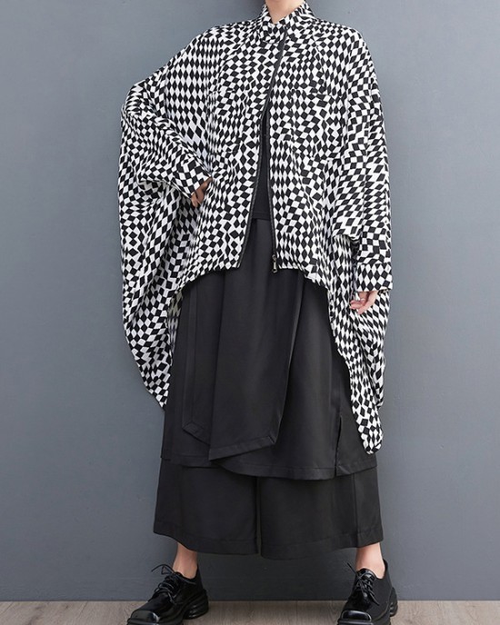 High-Low Loose Plaid Zipper Stand Collar Outerwear