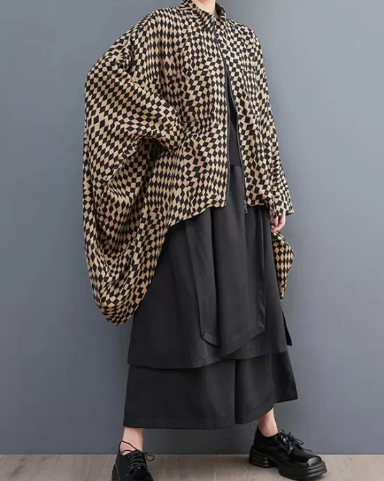 High-Low Loose Plaid Zipper Stand Collar Outerwear