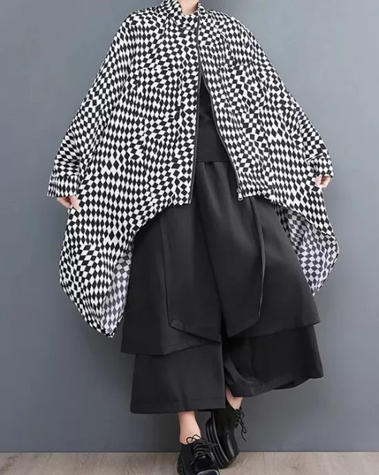 High-Low Loose Plaid Zipper Stand Collar Outerwear