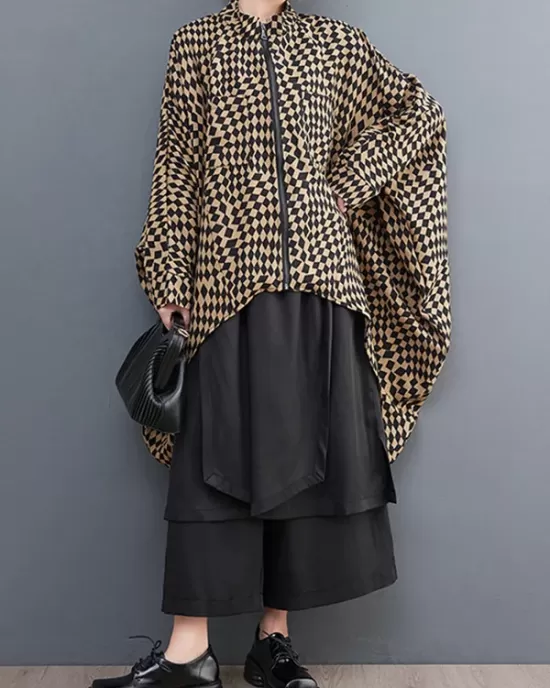 High-Low Loose Plaid Zipper Stand Collar Outerwear