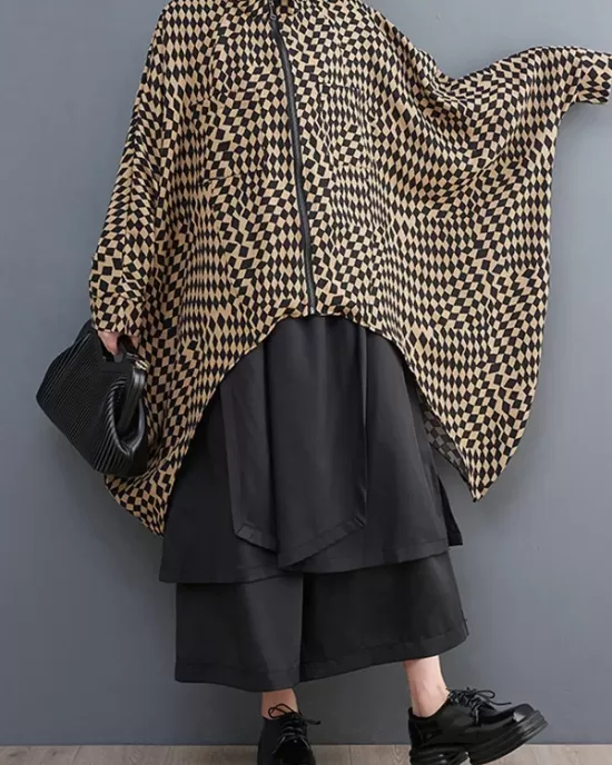 High-Low Loose Plaid Zipper Stand Collar Outerwear