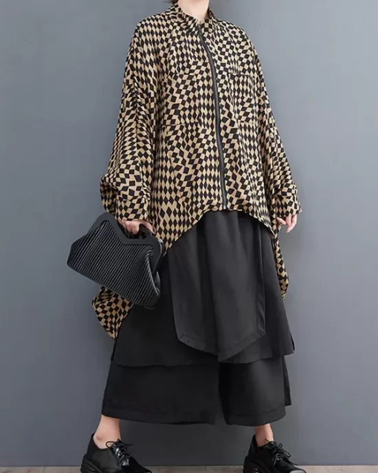 High-Low Loose Plaid Zipper Stand Collar Outerwear