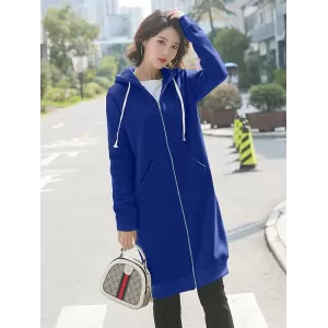 4Colors Drawstring Hooded Split-Joint Pocket Solid Color Zipper Outerwear