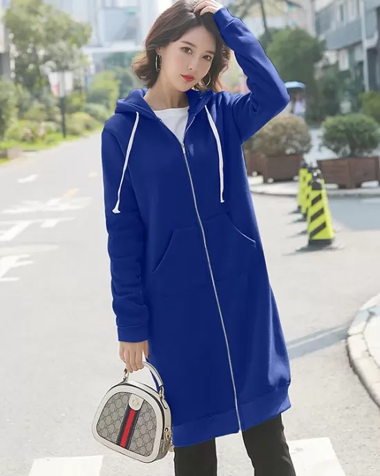 4Colors Drawstring Hooded Split-Joint Pocket Solid Color Zipper Outerwear