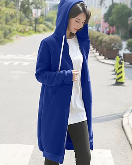 4Colors Drawstring Hooded Split-Joint Pocket Solid Color Zipper Outerwear