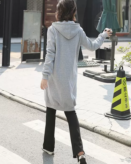 4Colors Drawstring Hooded Split-Joint Pocket Solid Color Zipper Outerwear