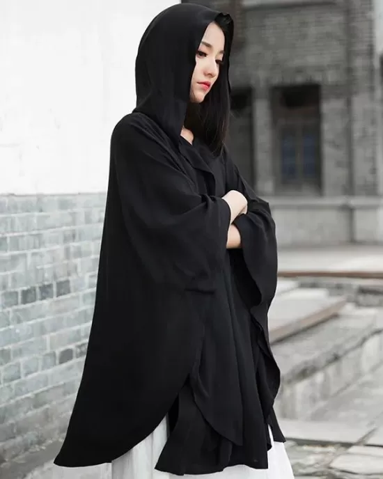 Simple Solid Loose Batwing Sleeve Hood Cape