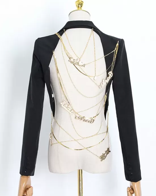 Backless Chains Long Sleeves Notched Collar Outerwear Blazer