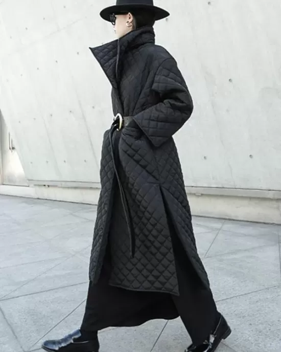 Black Rhombic Split-Side High Collar Long Coat