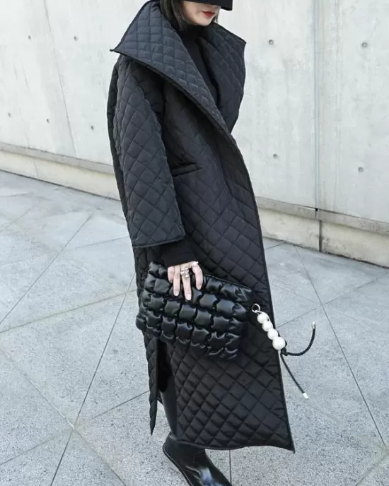 Black Rhombic Split-Side High Collar Long Coat