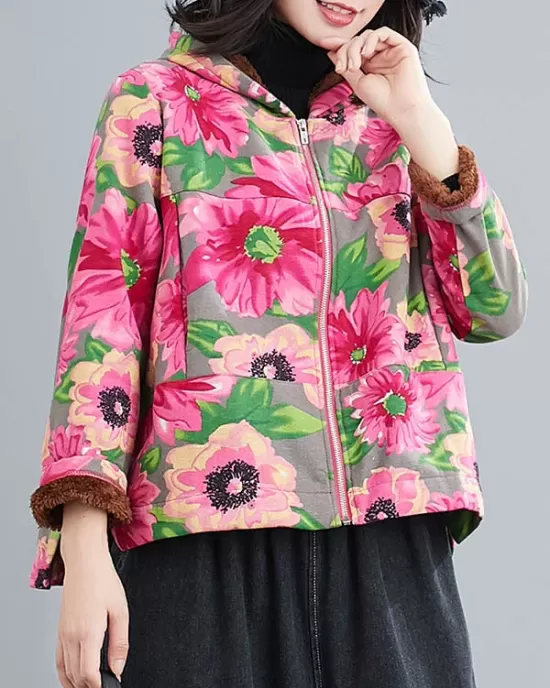 Artistic Retro Velvet Floral Printed Zipper Hooded Long Sleeves Outwear