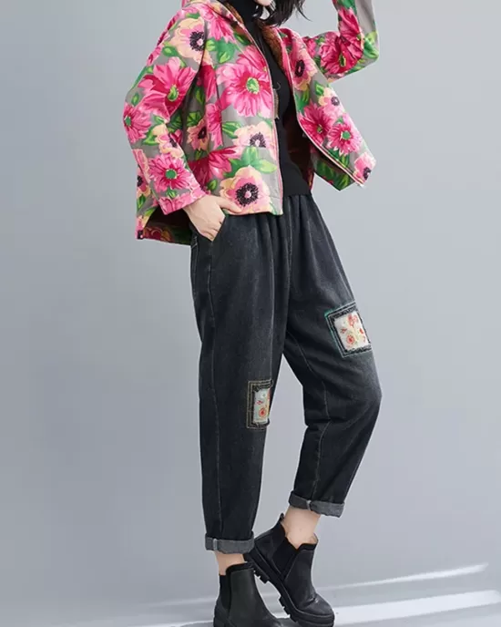 Artistic Retro Velvet Floral Printed Zipper Hooded Long Sleeves Outwear