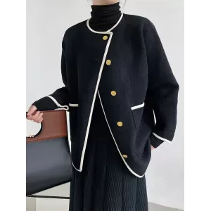 Asymmetric Buttoned Pockets Split-Joint Long Sleeves Loose Round-Neck Woolen Coat