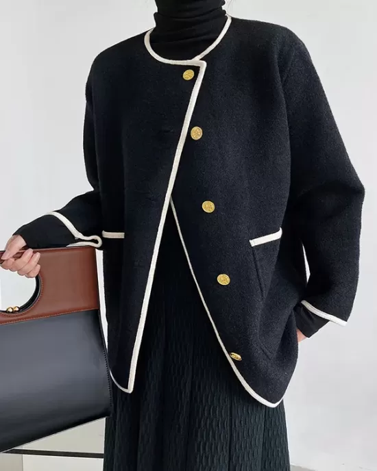 Asymmetric Buttoned Pockets Split-Joint Long Sleeves Loose Round-Neck Woolen Coat