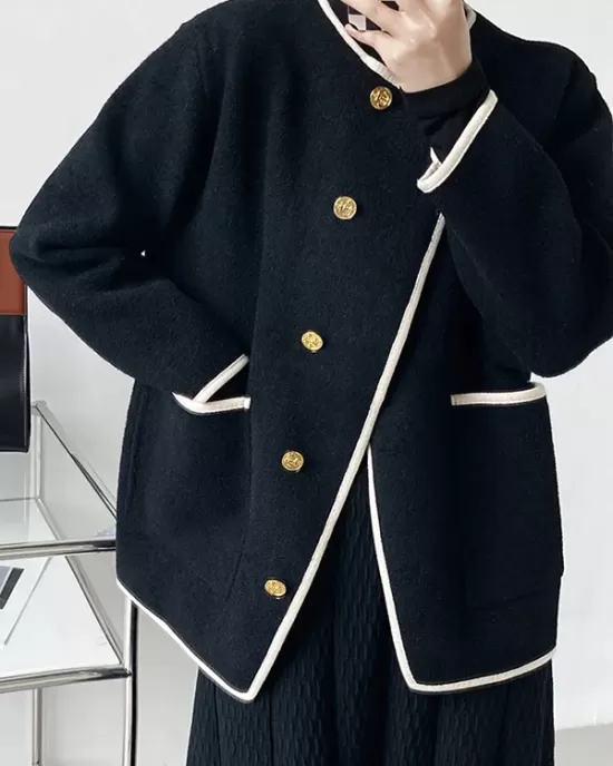 Asymmetric Buttoned Pockets Split-Joint Long Sleeves Loose Round-Neck Woolen Coat