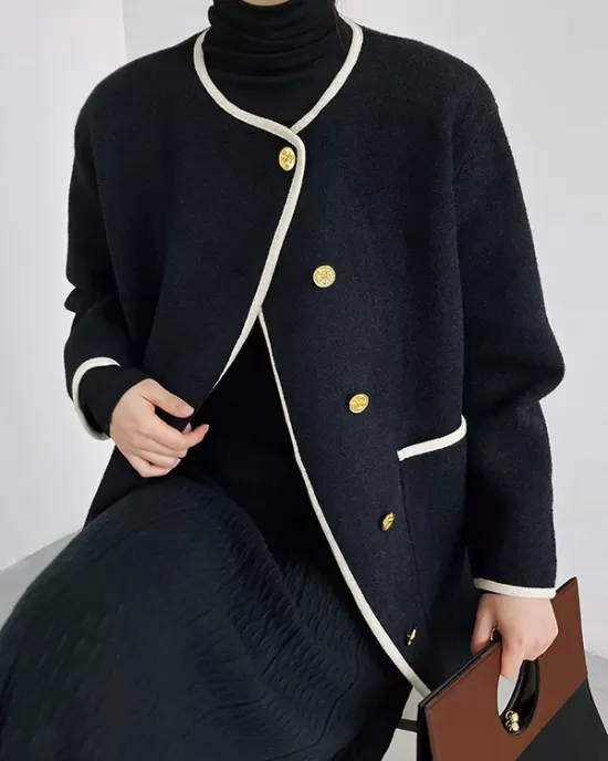 Asymmetric Buttoned Pockets Split-Joint Long Sleeves Loose Round-Neck Woolen Coat