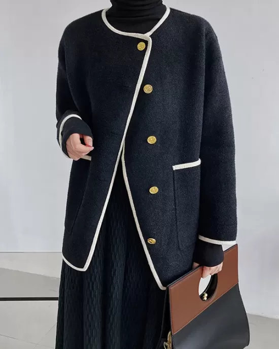 Asymmetric Buttoned Pockets Split-Joint Long Sleeves Loose Round-Neck Woolen Coat