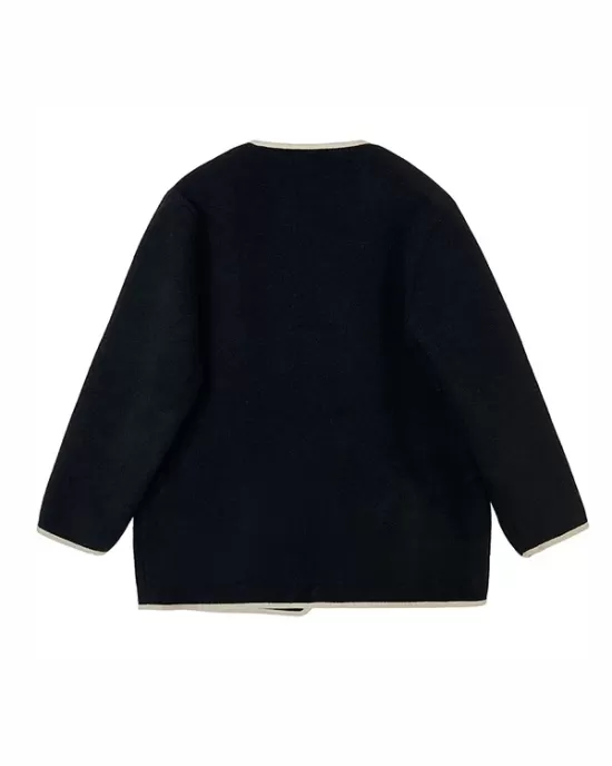 Asymmetric Buttoned Pockets Split-Joint Long Sleeves Loose Round-Neck Woolen Coat