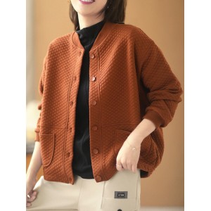 Artistic Retro Loose Long Sleeves Buttoned Solid Color Stand Collar Outerwear