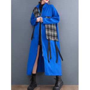 Original Long Sleeves Loose Contrast Color Plaid Split-Joint Zipper Stand Collar Outerwear