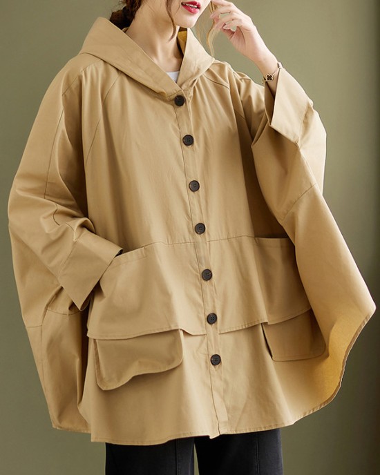 Loose Solid Color Buttoned Hooded Long Sleeves Trench Coat