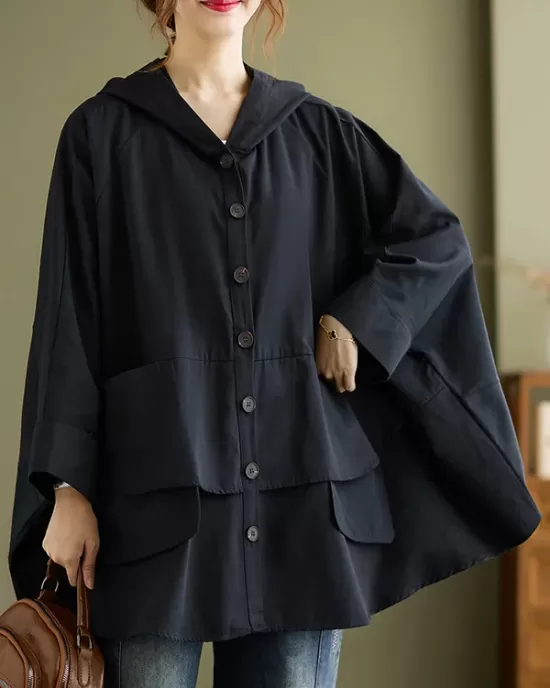 Loose Solid Color Buttoned Hooded Long Sleeves Trench Coat