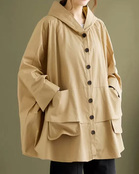 Loose Solid Color Buttoned Hooded Long Sleeves Trench Coat