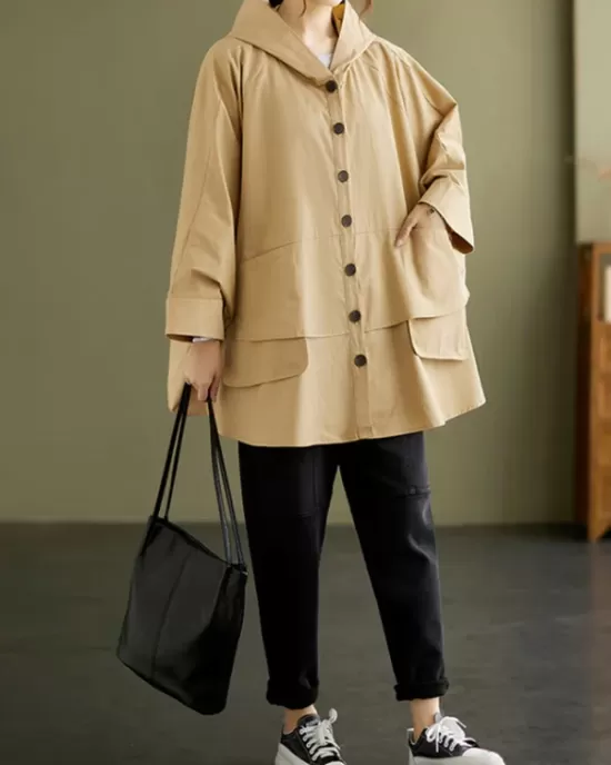 Loose Solid Color Buttoned Hooded Long Sleeves Trench Coat