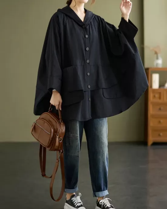 Loose Solid Color Buttoned Hooded Long Sleeves Trench Coat