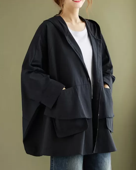 Loose Solid Color Buttoned Hooded Long Sleeves Trench Coat