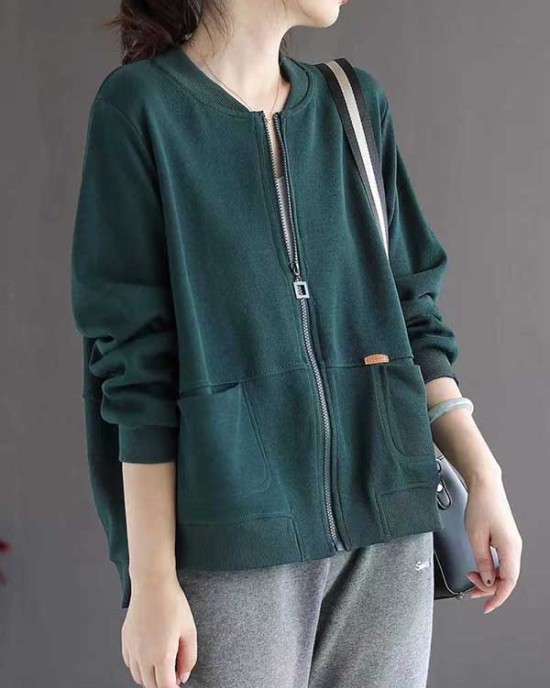 Simple Long Sleeves Loose Solid Color Zipper Stand Collar Outerwear