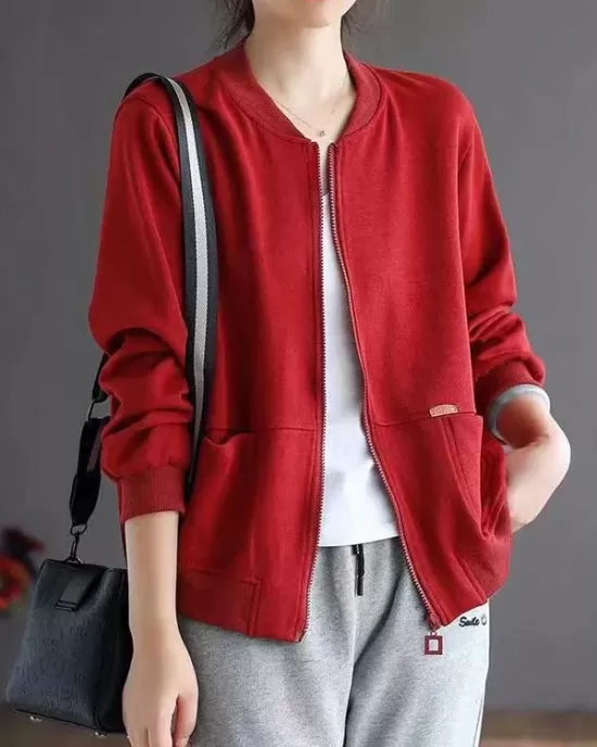 Simple Long Sleeves Loose Solid Color Zipper Stand Collar Outerwear