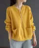 Simple Long Sleeves Loose Solid Color Zipper Stand Collar Outerwear