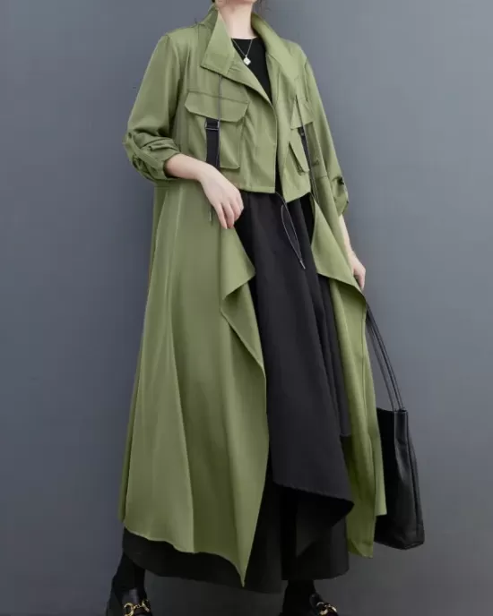 Loose Long Sleeves Drawstring Split-Joint Lapel Trench Coats