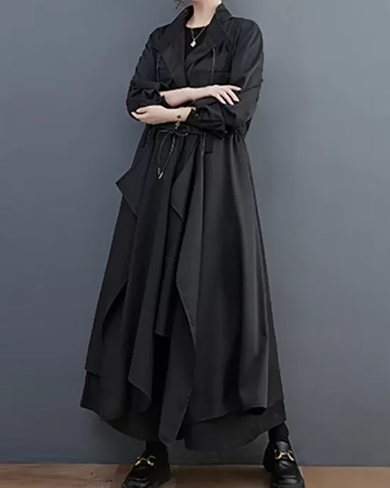 Loose Long Sleeves Drawstring Split-Joint Lapel Trench Coats