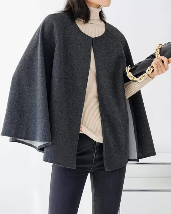 Casual Loose Solid Color Round-Neck Cape Outerwear