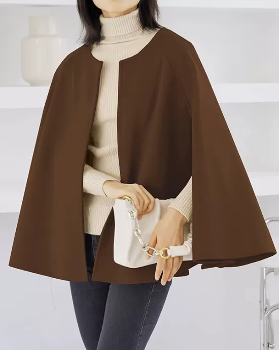 Casual Loose Solid Color Round-Neck Cape Outerwear