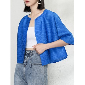 Casual Loose Half Sleeves Pleated Solid Color Outerwear