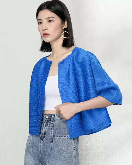 Casual Loose Half Sleeves Pleated Solid Color Outerwear