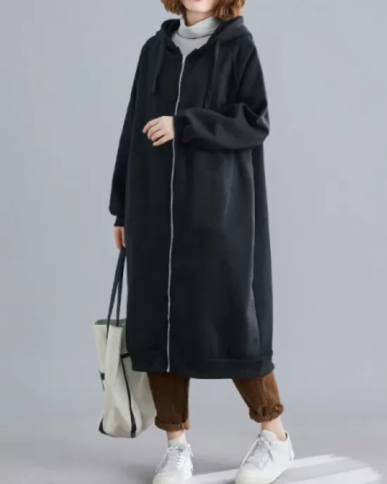 Casual Loose Long Sleeves Solid Color Hooded Outerwear