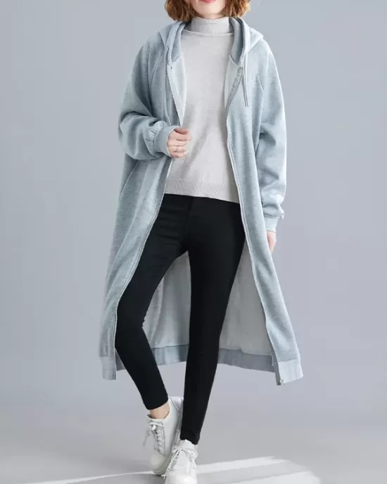 Casual Loose Long Sleeves Solid Color Hooded Outerwear