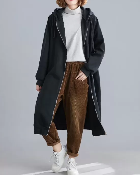 Casual Loose Long Sleeves Solid Color Hooded Outerwear