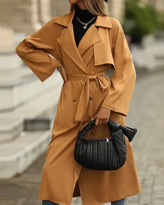 Casual Lace-Up Solid Lapel Collar Coat