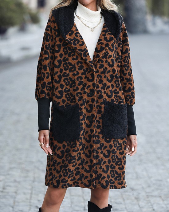 Casual Loose Leopard Patchwork Lapel Collar Coat